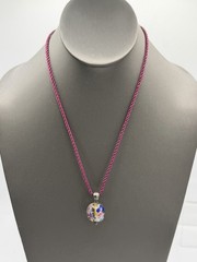 Art Glass Floral Bead Pendant Necklace 18” Blue White