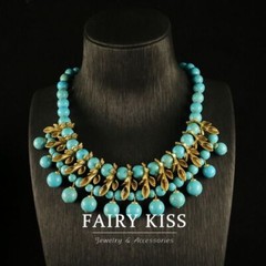 Electroplated antique gold and turquoise handmade bead necklace vintage jewelry