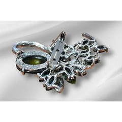 Vintage Style Lime Green Floral Brooch Silver Tone Rhinestone Botanical Pin
