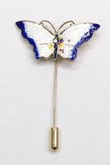 Vintage Blue & White Enamel Open Wing Butterfly Gold Tone Stick Pin 2.5″