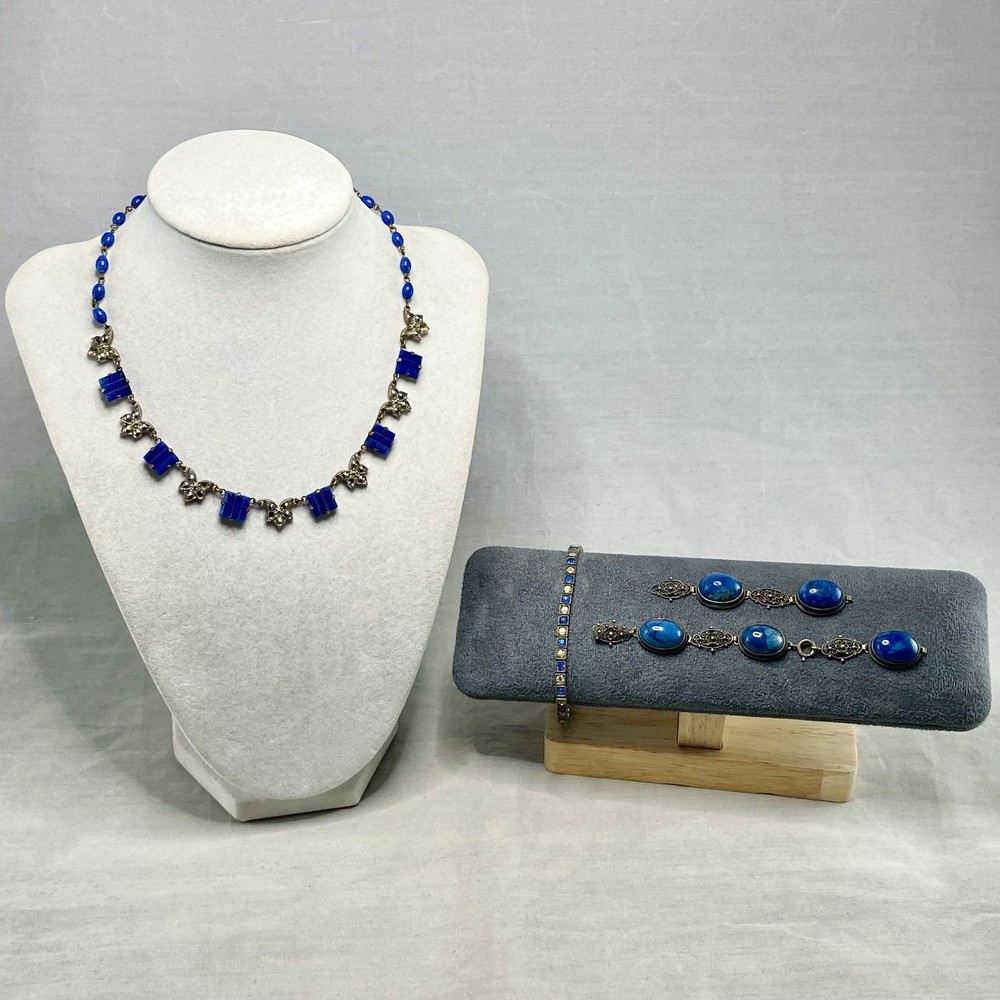 Vintage Art Deco Sterling Silver Costume Glass & Blue Sodalite Jewelry Lot As Is