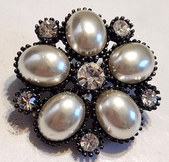 Vintage Bead Elegance Dark Metal Brooch With Faux Pearls & Clear Stones Jewelry