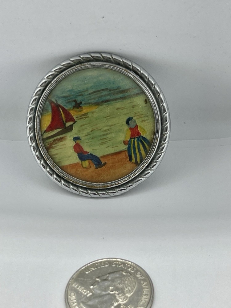 Vintage Mini Seaside Painting with People in French Native Costume Brooch