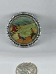 Vintage Mini Seaside Painting with People in French Native Costume Brooch