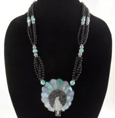 28″ Vintage 1980s Inlaid Mother Of Pearl Bird 3.25″ Pendant Necklace MOP Peacock