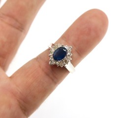 Classic 14k Solid White Gold Natural Blue Sapphire and Diamond Ring Size 6.75