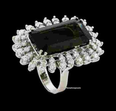 Dark Green 17.03CT Emerald Shape Tourmaline and 1.74CT Round CZ Art Deco Ring FN