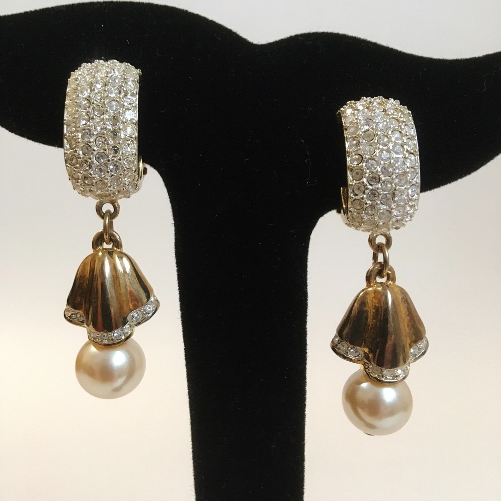 Drop Clip-on Earrings White Faux Pearl Crystal Rhinestones Gold Tone Metal