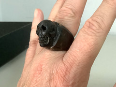 Vintage carved natural black coral skull Gothic mens womens ring size 7.5-7.75