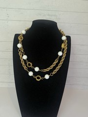 Vintage Gold Tone Chain Necklace White Bead Station Necklace 20.5”