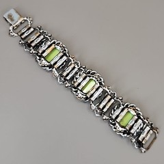 Vintage Bracelet Lime Green Round Bead Faux Pearl Silver Tone Book Chain 6″