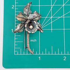VTG Sterling Silver Orchid Flower Brooch 2in Faux Pearl Center Patina Estate