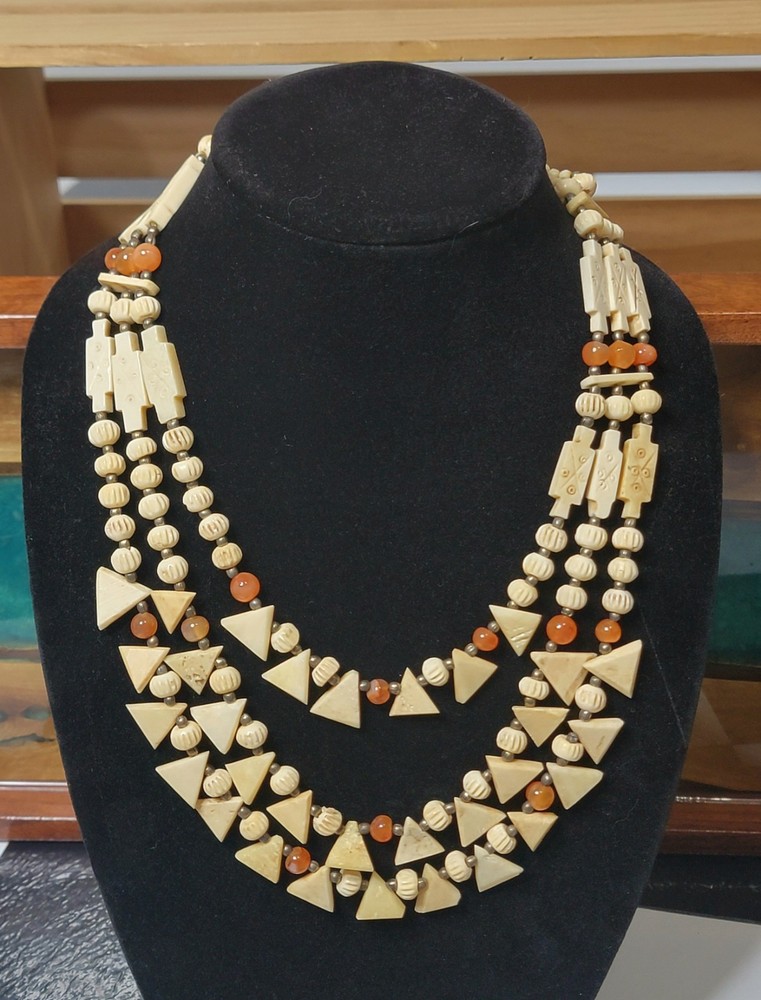 Vintage Bone or Horn Necklace Multi Strand Tribal Boho Statement