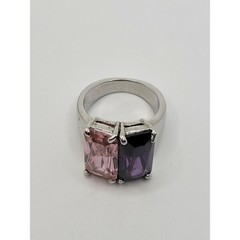 Pink & Purple Crystal Ring Prong Set Stones Modernist Geometric Silvertone