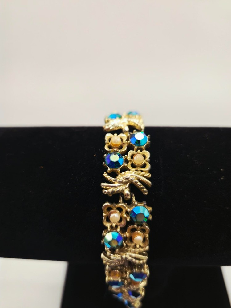 Vintage Coro Signed Gold Tone Link Bracelet Blue Aurora Borealis Rhinestone