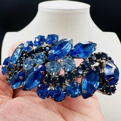 Vintage Blue Navette Rhinestone Hinged Bangle Bracelet SilverTone Statement Glam
