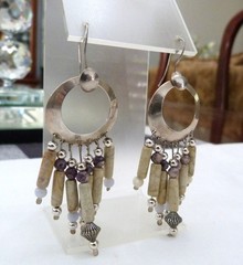 3 1/8″ LONG VTG SOUTHWEST STERLING SILVER BLUE LACE AGATE JASPER BEAD EARRINGS
