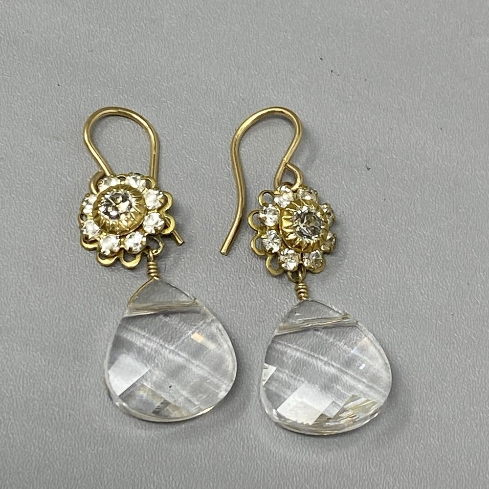 Clear Glass Bead Dangle Earring Faceted Teardrop Flower Rhinestone Gold Tone 1.5