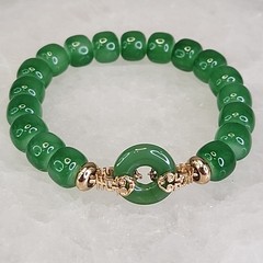 Glass Beaded Stretch Bracelet Green Faux Jade Asian Gold Tone 6.5″