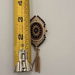 Vintage Victorian Revival Brooch Lot of 2 Gold Black Enamel Tassel Filigree