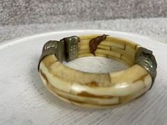 Bangle Bracelet Womens 3″ Ornate Brass Clamper Horn Bone Stone Gem