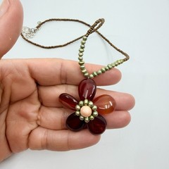Vintage Brown Orange Flower Pendant Necklace Beaded Boho Statement Retro Y2K 90s