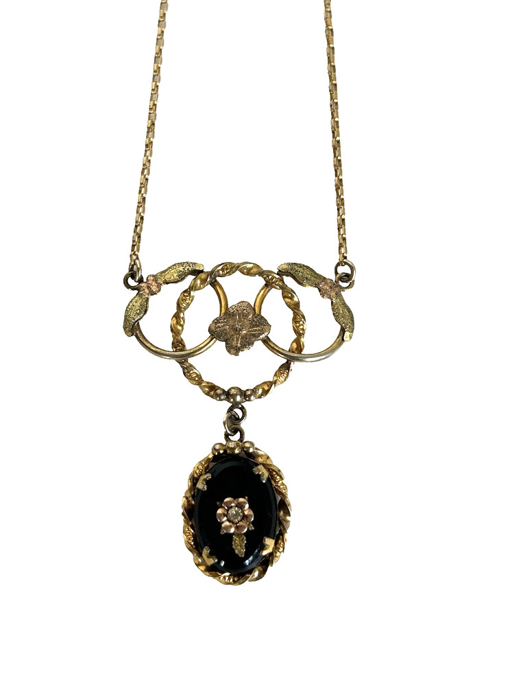 Vtg 10k Gold Art Deco Art Nouveau Lavalier Necklace Black Onyx Diamond