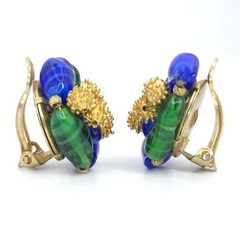 Elegant Vintage Les Bernard Clip On Earrings Blue & Green Glass Golden Ornament