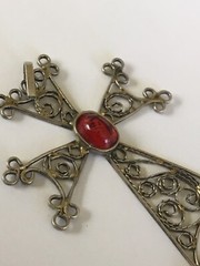 Vintage Armenian Silver Filigree Khachkar Cross Pendant With Red Cabochon Stone
