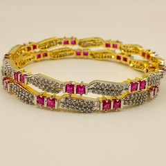 Designer Ruby & Cubic Zirconia Bangle Set Handmade 22K Gold Plated Ethnic Style