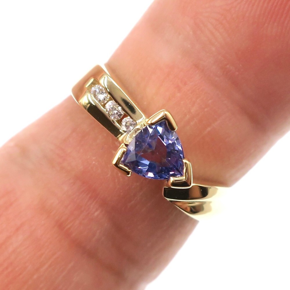 Classic 14k Solid Yellow Gold Natural Trillion Cut Tanzanite & Diamond Ring 5.75