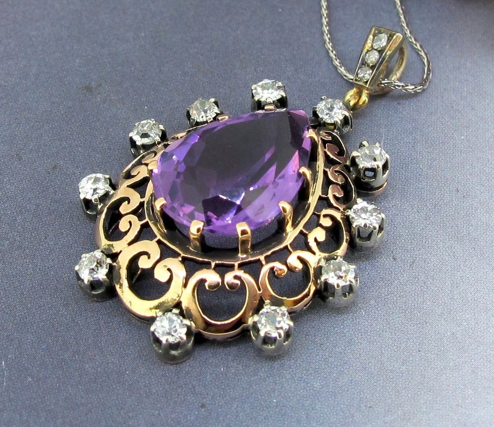 Antique 1.00 ct Amethyst 14k Gold & Silver .60 ctw Diamonds Old Minor Necklace