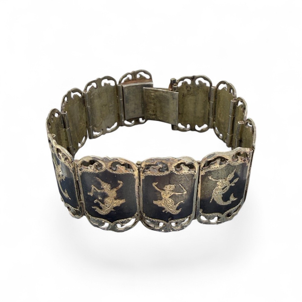 Siam Sterling 925 Nielloware Bracelet Thai Dancer Goddess Panel Link 1940s