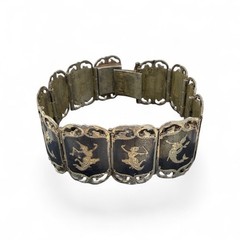 Siam Sterling 925 Nielloware Bracelet Thai Dancer Goddess Panel Link 1940s