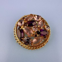 Vintage Rhinestone Brooch Round Pink Purple Marquise Stones Open Back Gold Tone