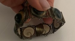 Victorian Silver Tone Filligree Opercullum/Shiva Eye Shells Link Bracelet # 9107