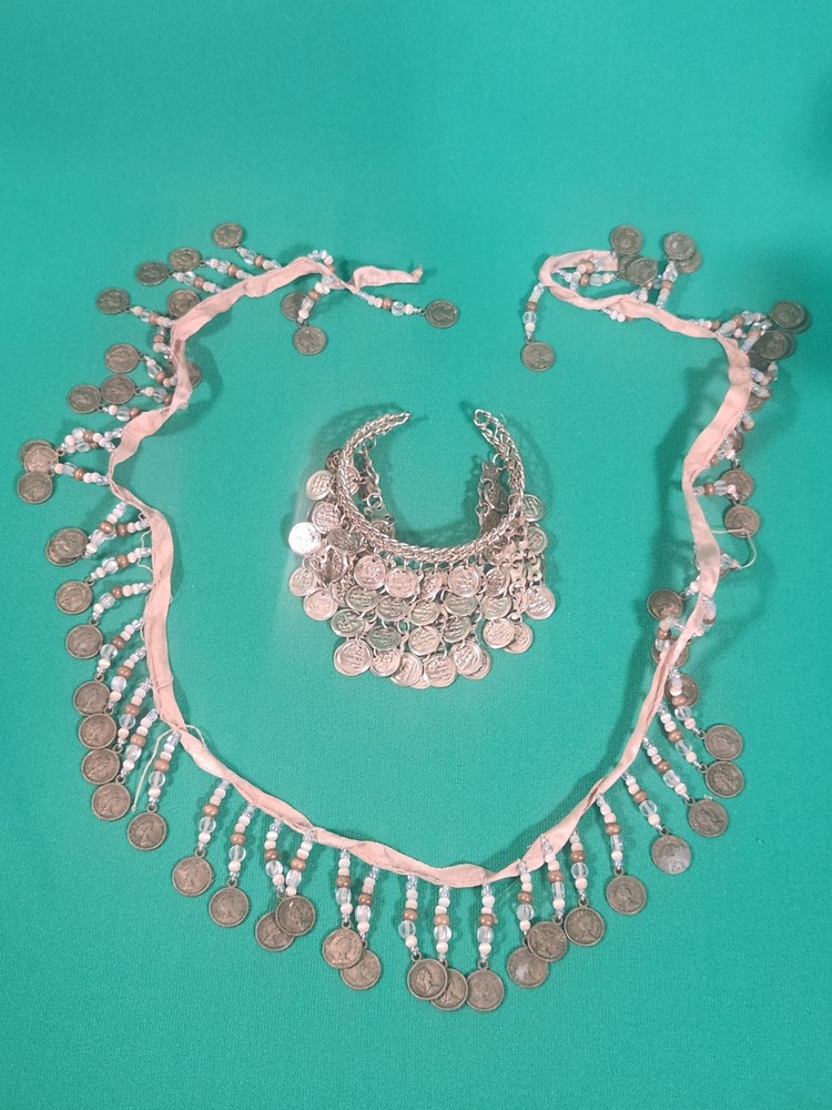 Vintage Boho Coin Jewelry Set Belt Necklace & Cuff Bracelet Queen Elizabeth Coin