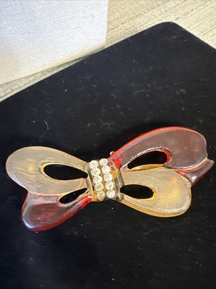 RARE Vintage Bakelite Amber Carved Bow Pin Brooch 3.25”