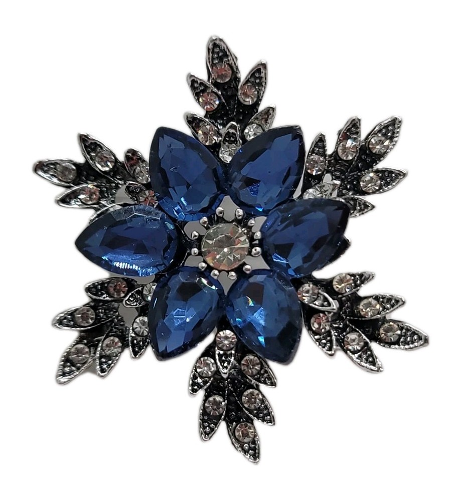 Vintage Blue Crystal Snowflake Brooch Pin – Sapphire Flower Silver Rhinestone