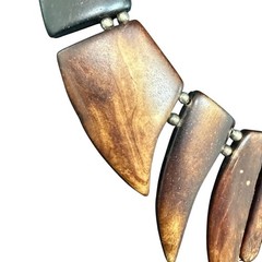 Vintage Artisan Necklace Horn Chunky Geometric Wood Tribal Silver Tone 17 inches