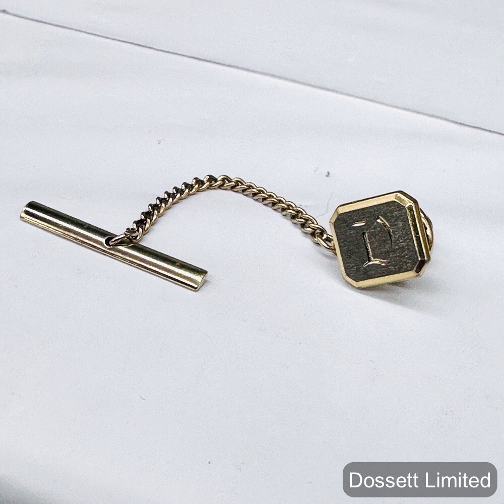 Vintage Gold / Silver, Initial Letter D Square Tie Pin With Chain Tack