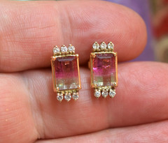 Vintage 14K Gold 5.50 ct Watermelon Tourmaline Diamond Earrings