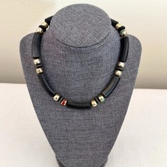 Vintage Boho Statement Choker Necklace 15.5in Black Tube Beads Gold Artisan