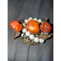 Vintage Orange Fruit Faux Pearl Filigree Brooch Pin Mid Century Costume
