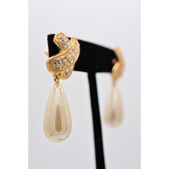 Roman Vintage Dangle Earrings Rhinestone Crystal X Faux Pearl Gold Tone BinAG