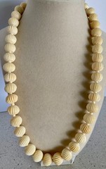 Vintage Carved Beaded Necklace Faux Ivory Celluloid Ribbed Beads Barrel Closure