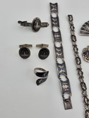 Rare Antique 1940s Siam Sterling Silver Niello Jewelry His And Hers Complete Set