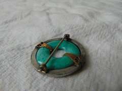 vintage antique faux Jade glass ring gray crystals silver gold setting brooch