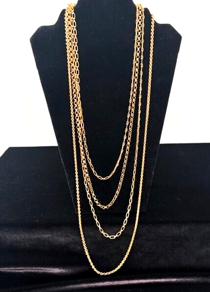 Vintage Signed NAPIER Gold Tone Varied 4 CHAIN LAYERED Necklace 24″ – 36″ L