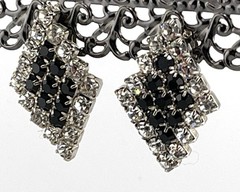 Vintage. Brilliant Black & Clear Diamond Shape Rhinestone Clip Earrings. 1.50”